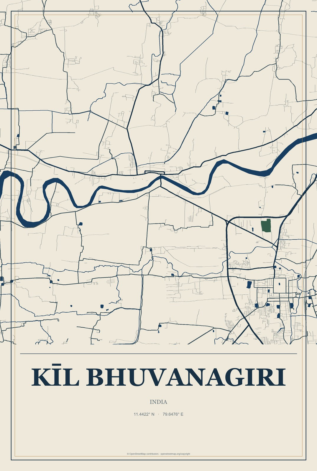 Kīl Bhuvanagiri, India City Map Aluminum Sign in Coastal Cutout style