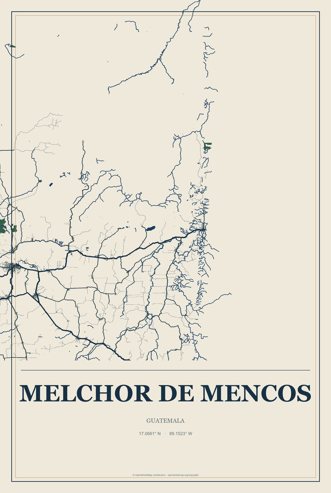 Melchor de Mencos, Guatemala City Map Aluminum Sign in Coastal Cutout style