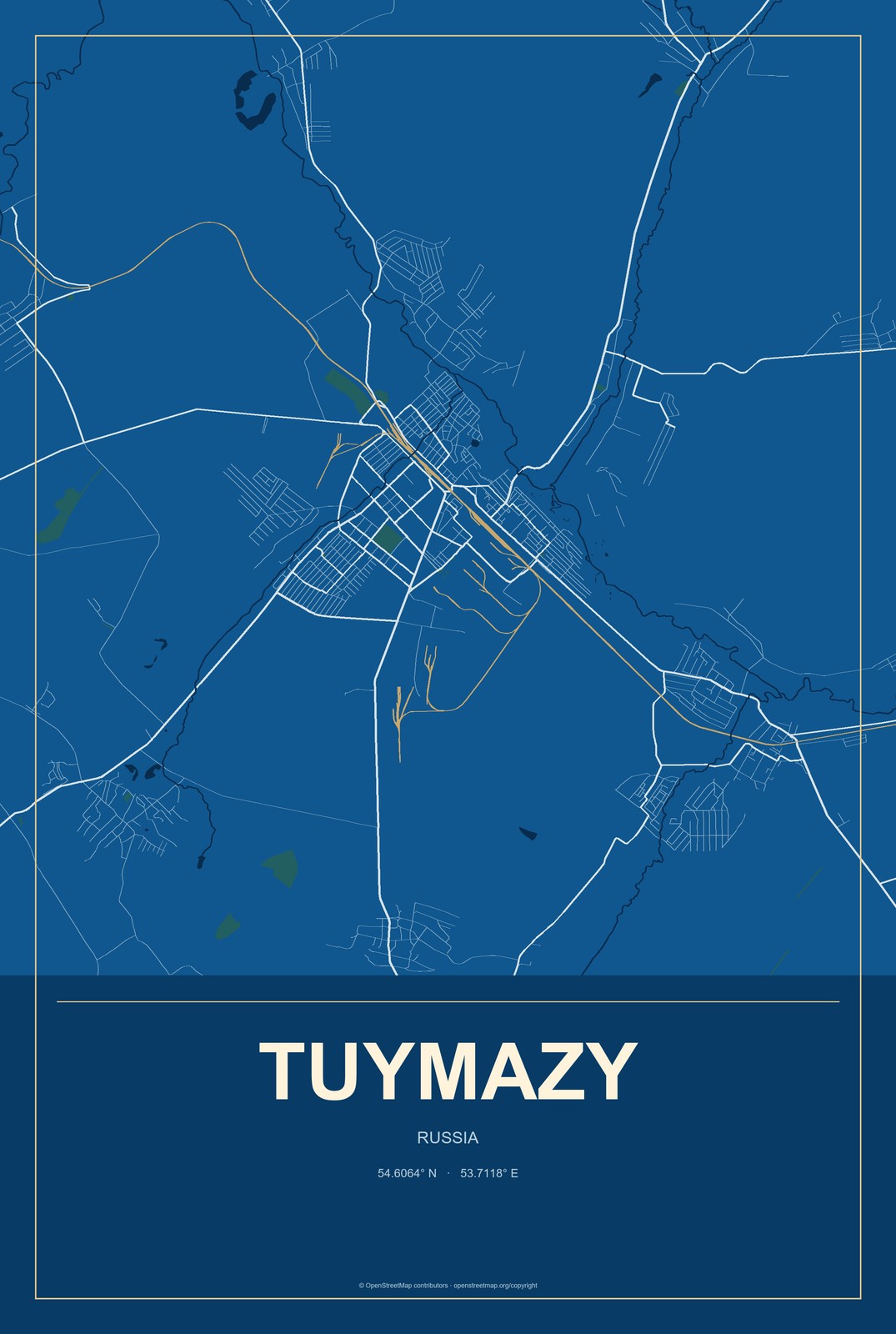 Tuymazy, Russia City Map Aluminum Sign in Harbor Cobalt style