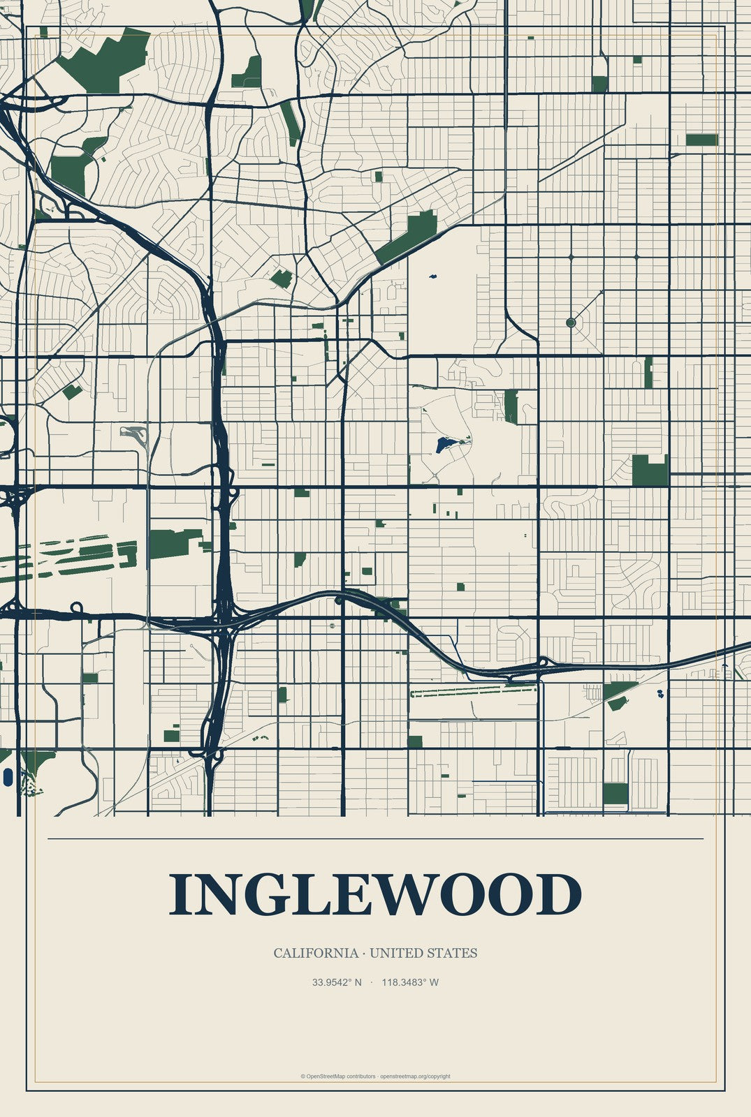 Inglewood, California City Map Aluminum Sign in Coastal Cutout style
