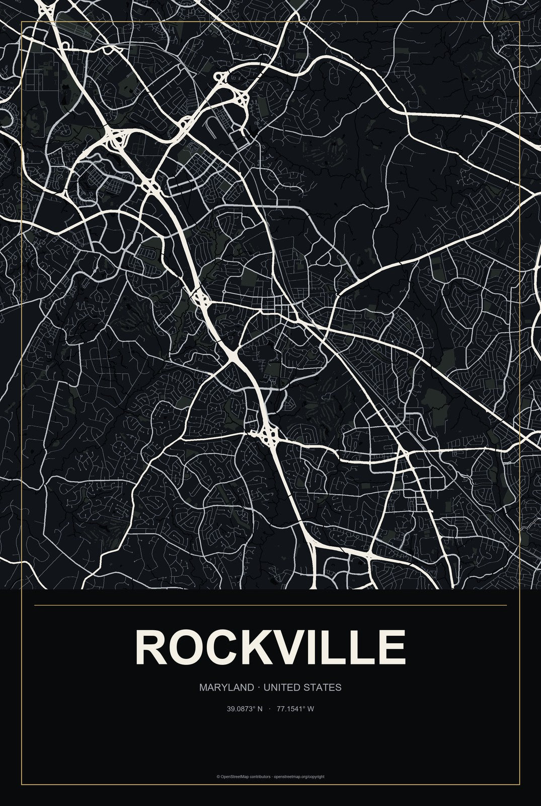 Rockville, Maryland City Map Aluminum Sign in Metropolitan Noir style