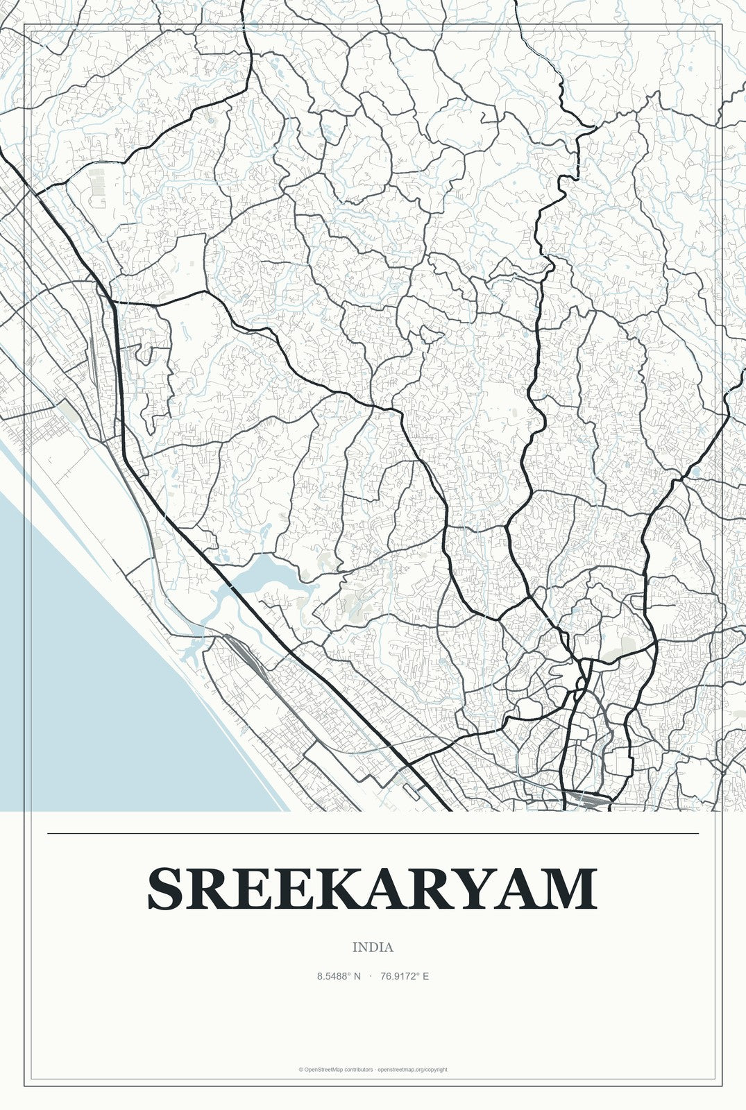 Sreekaryam, India City Map Aluminum Sign in Gallery Air style