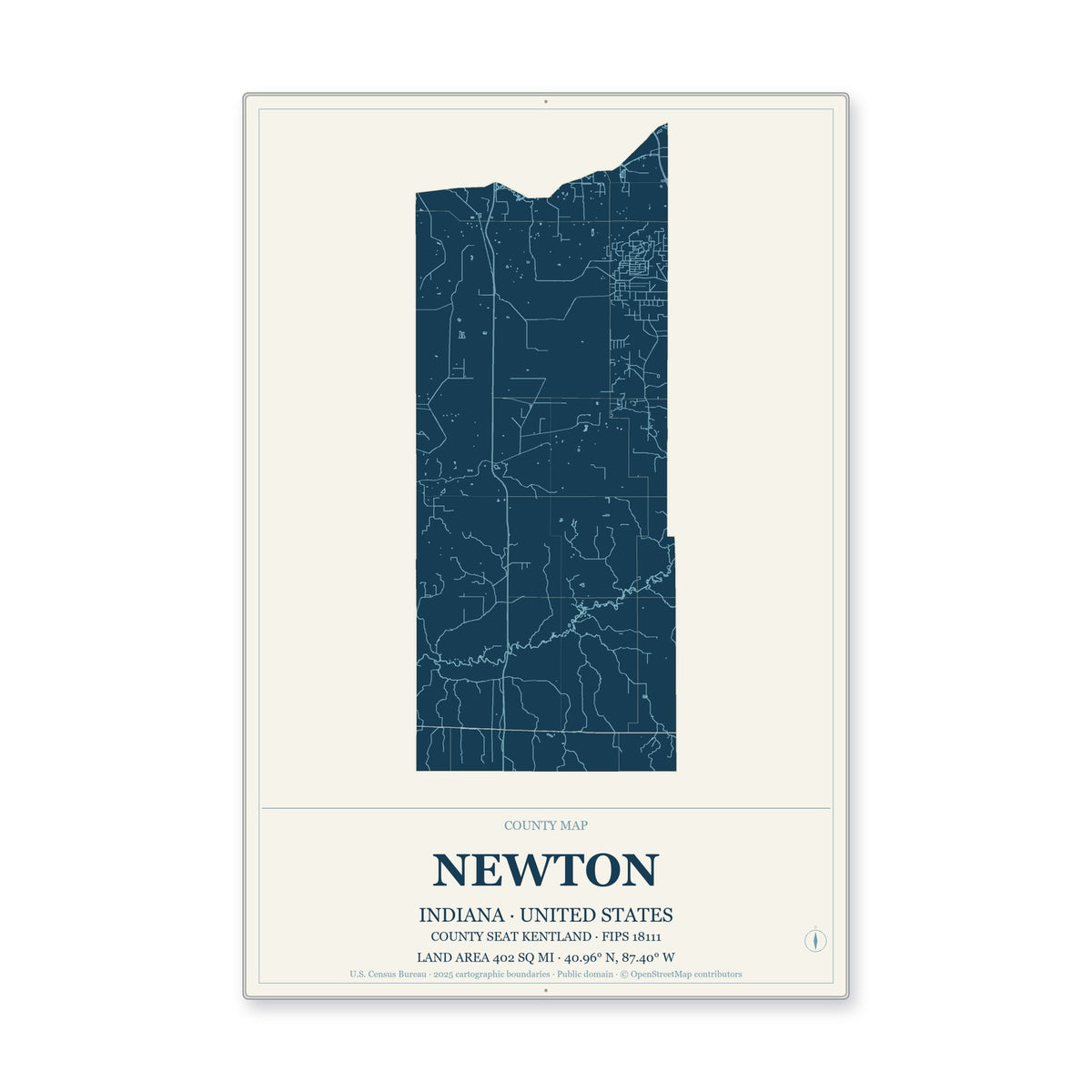 Newton County, Indiana Map Aluminum Sign in Coastal Cutout style