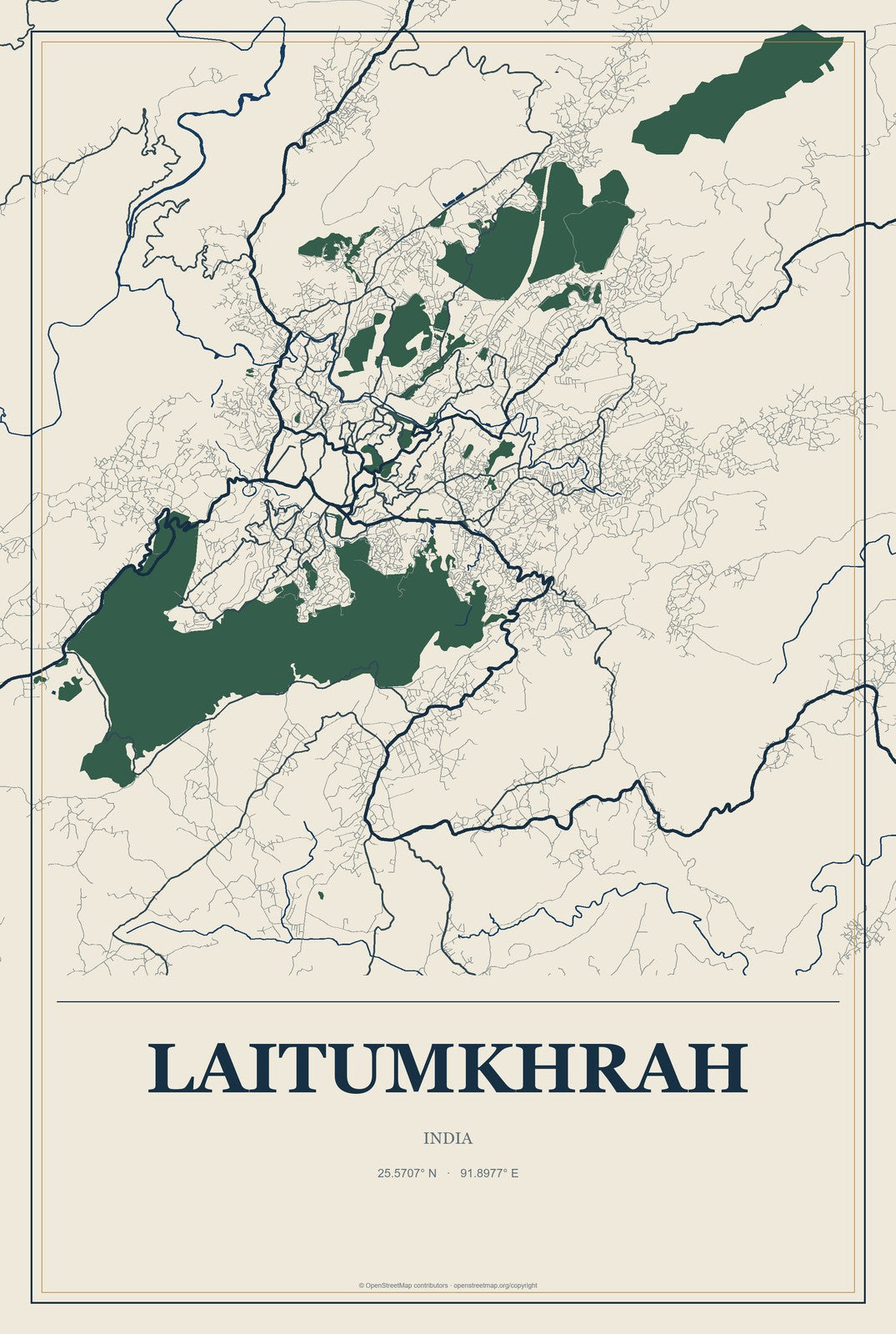 Laitumkhrah, India City Map Aluminum Sign in Coastal Cutout style