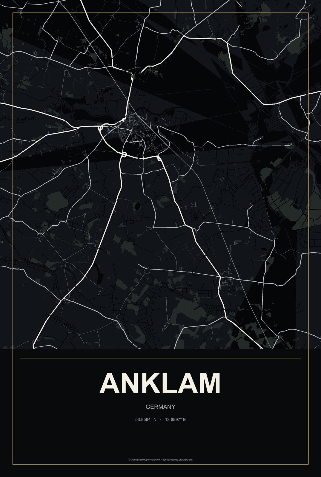 Anklam, Germany City Map Aluminum Sign in Metropolitan Noir style
