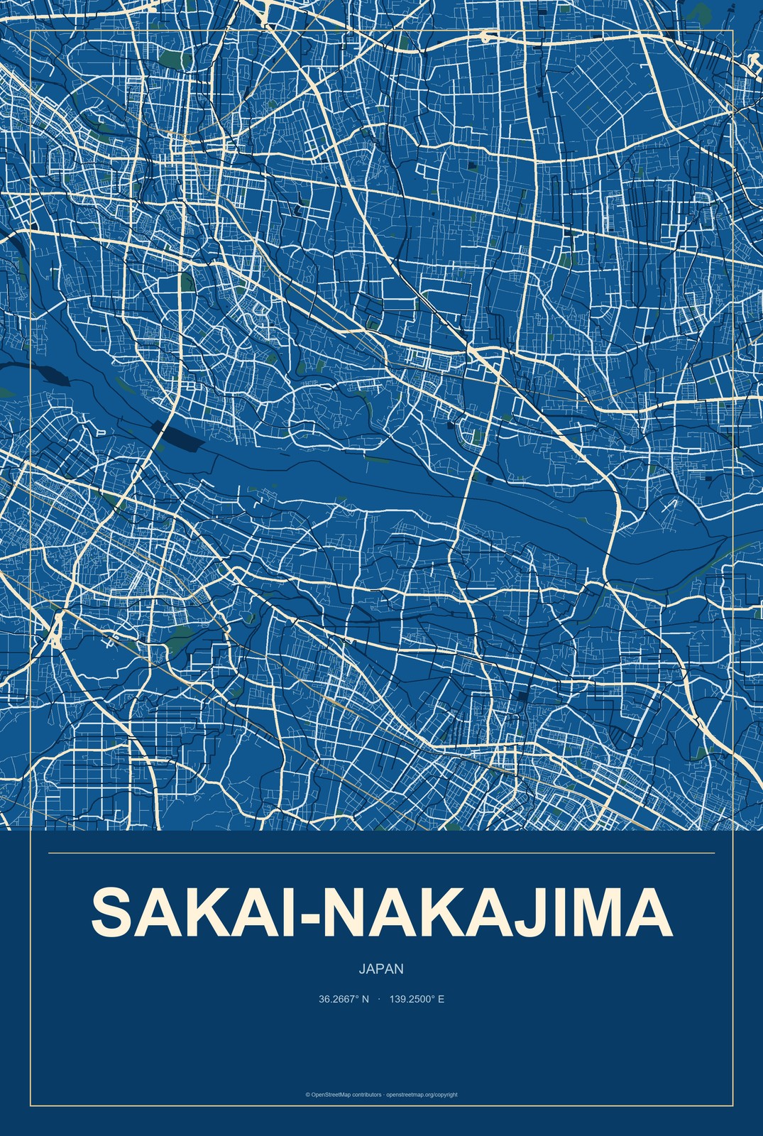 Sakai-nakajima, Japan City Map Aluminum Sign in Harbor Cobalt style