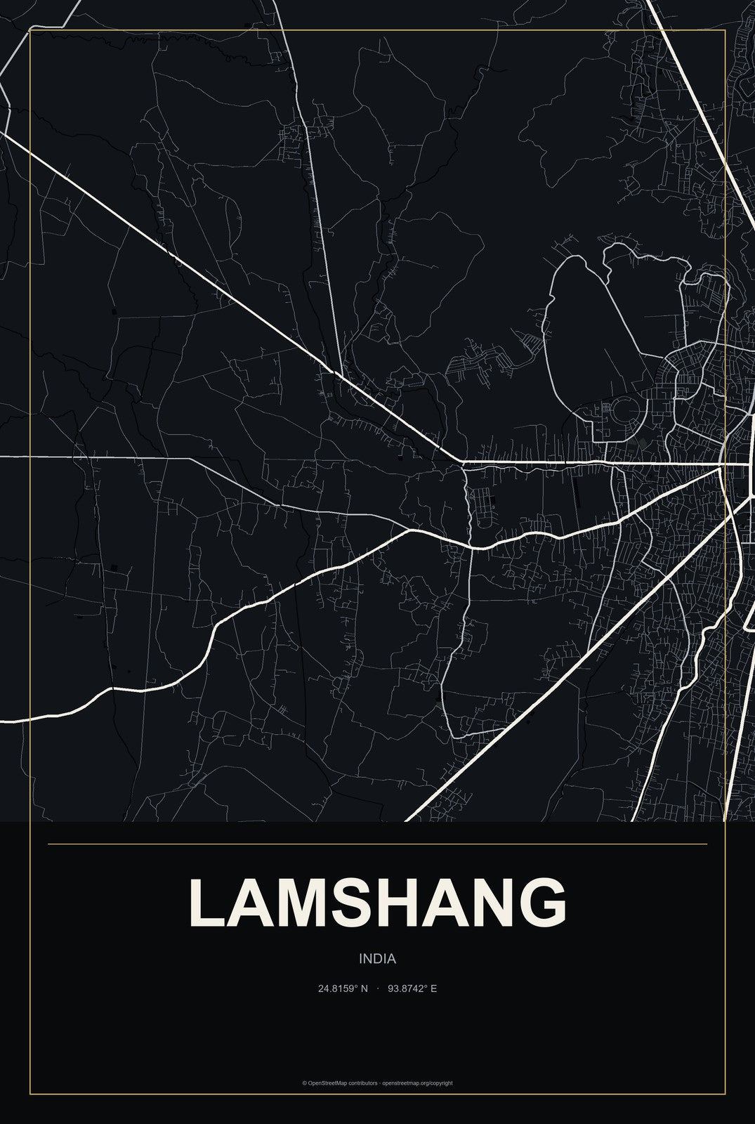 Lamshang, India City Map Aluminum Sign in Metropolitan Noir style