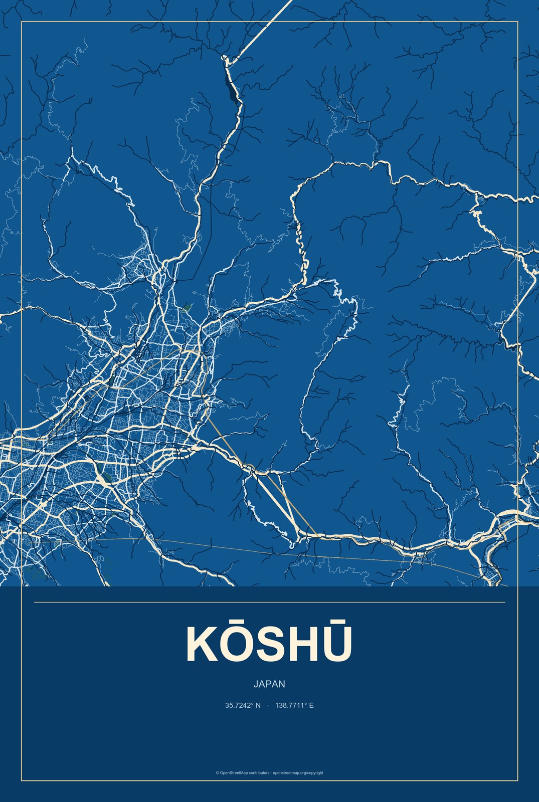 Kōshū, Japan City Map Aluminum Sign in Harbor Cobalt style
