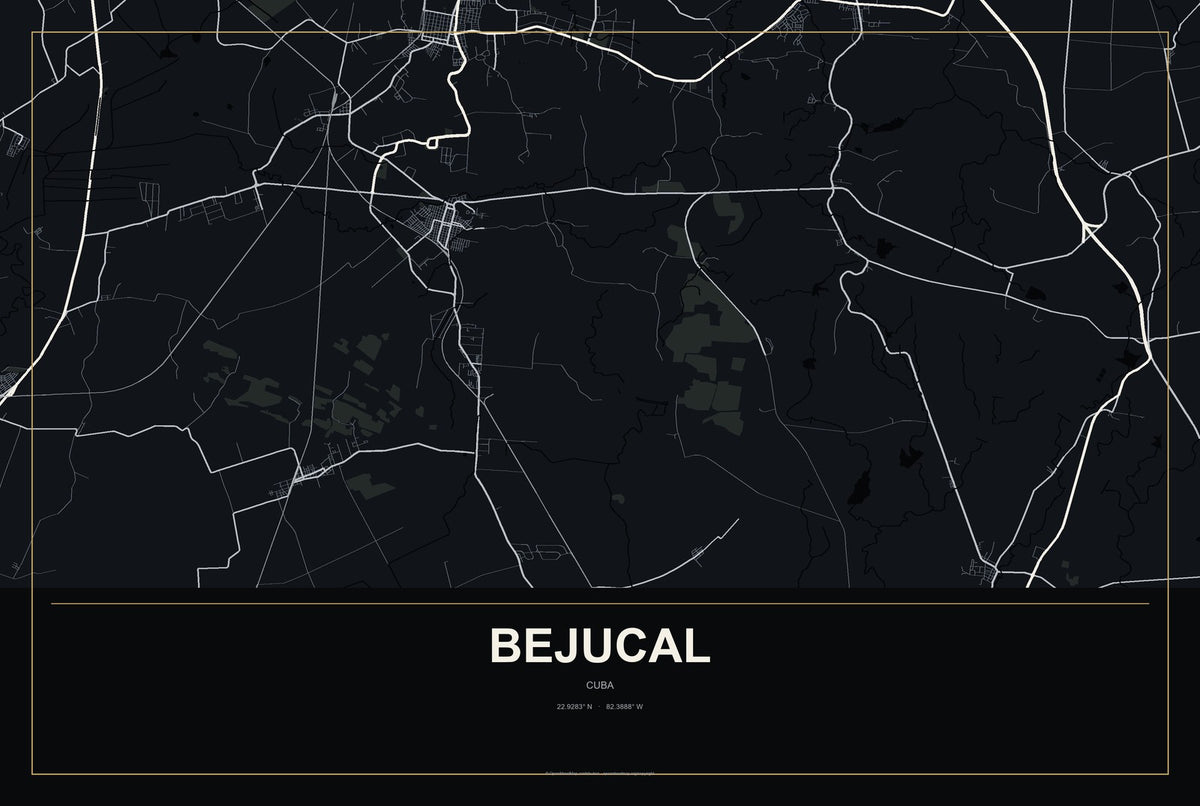 Bejucal, Cuba City Map Aluminum Sign in Metropolitan Noir style