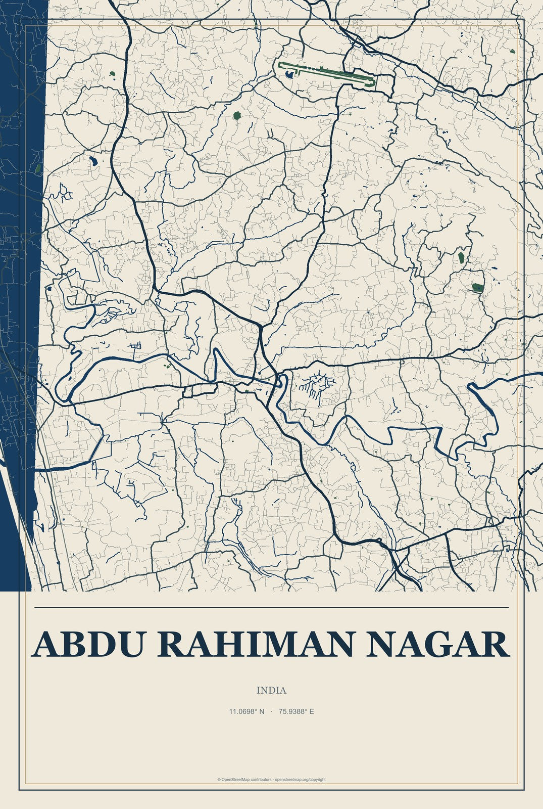 Abdu Rahiman Nagar, India City Map Aluminum Sign in Coastal Cutout style