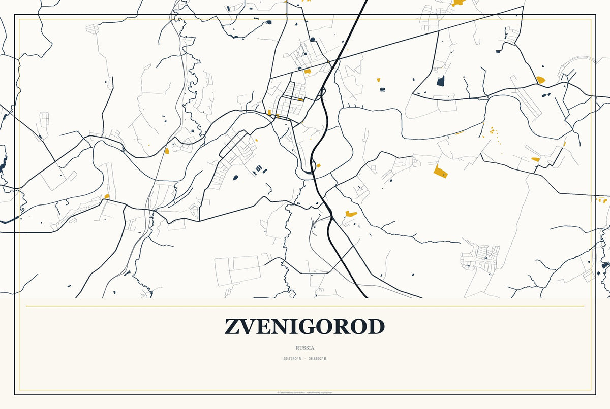 Zvenigorod, Russia City Map Aluminum Sign in Citrine Modern style