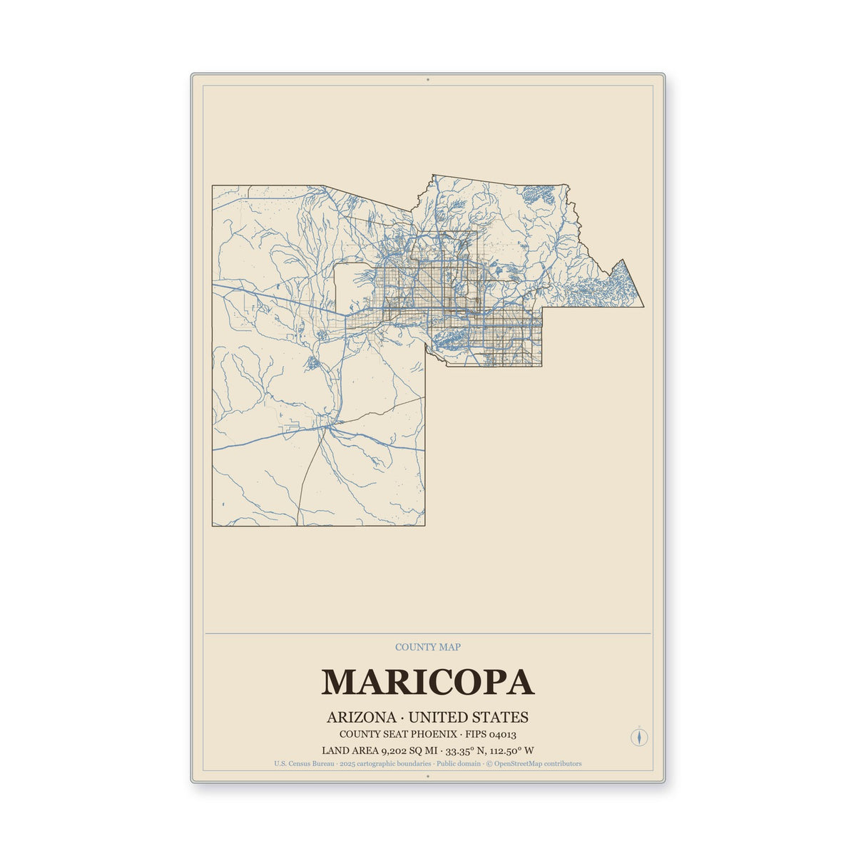 Maricopa County, Arizona Map Aluminum Sign in Heritage Nautical style