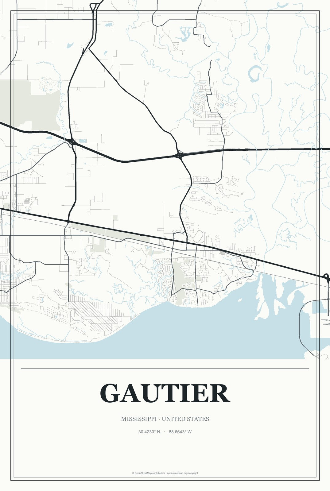 Gautier, Mississippi City Map Aluminum Sign in Gallery Air style