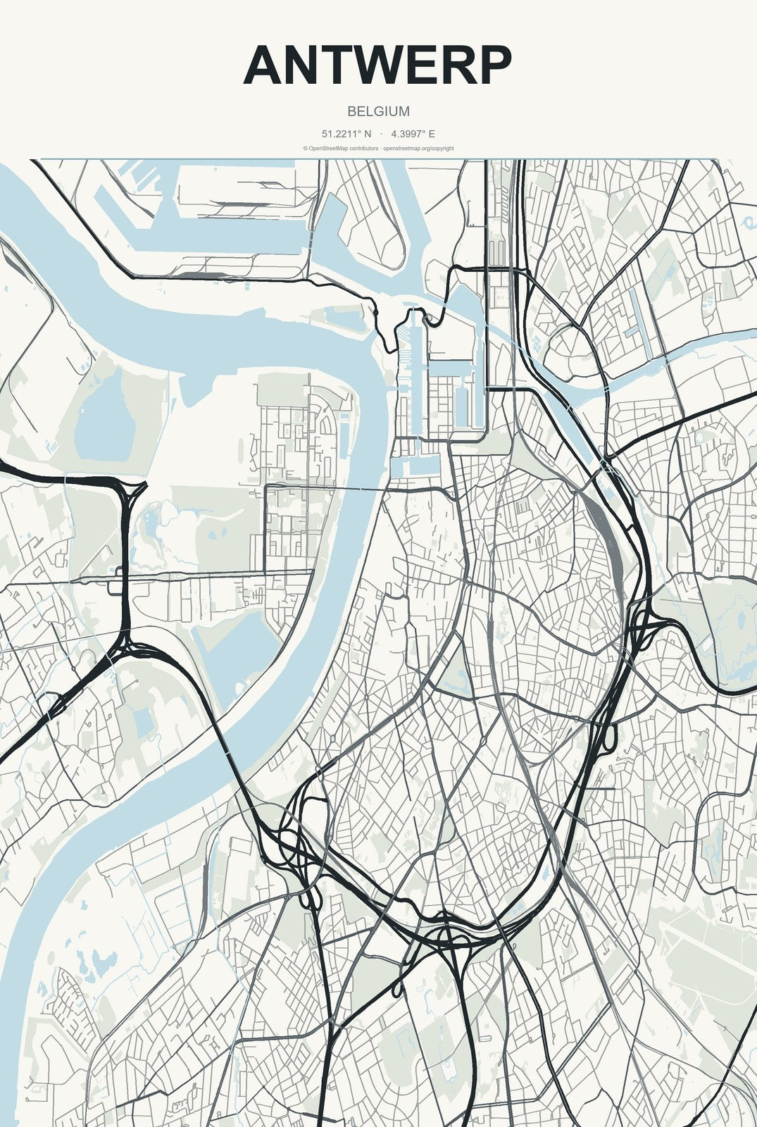Antwerp, Belgium City Map Aluminum Sign in Headline Atlas style