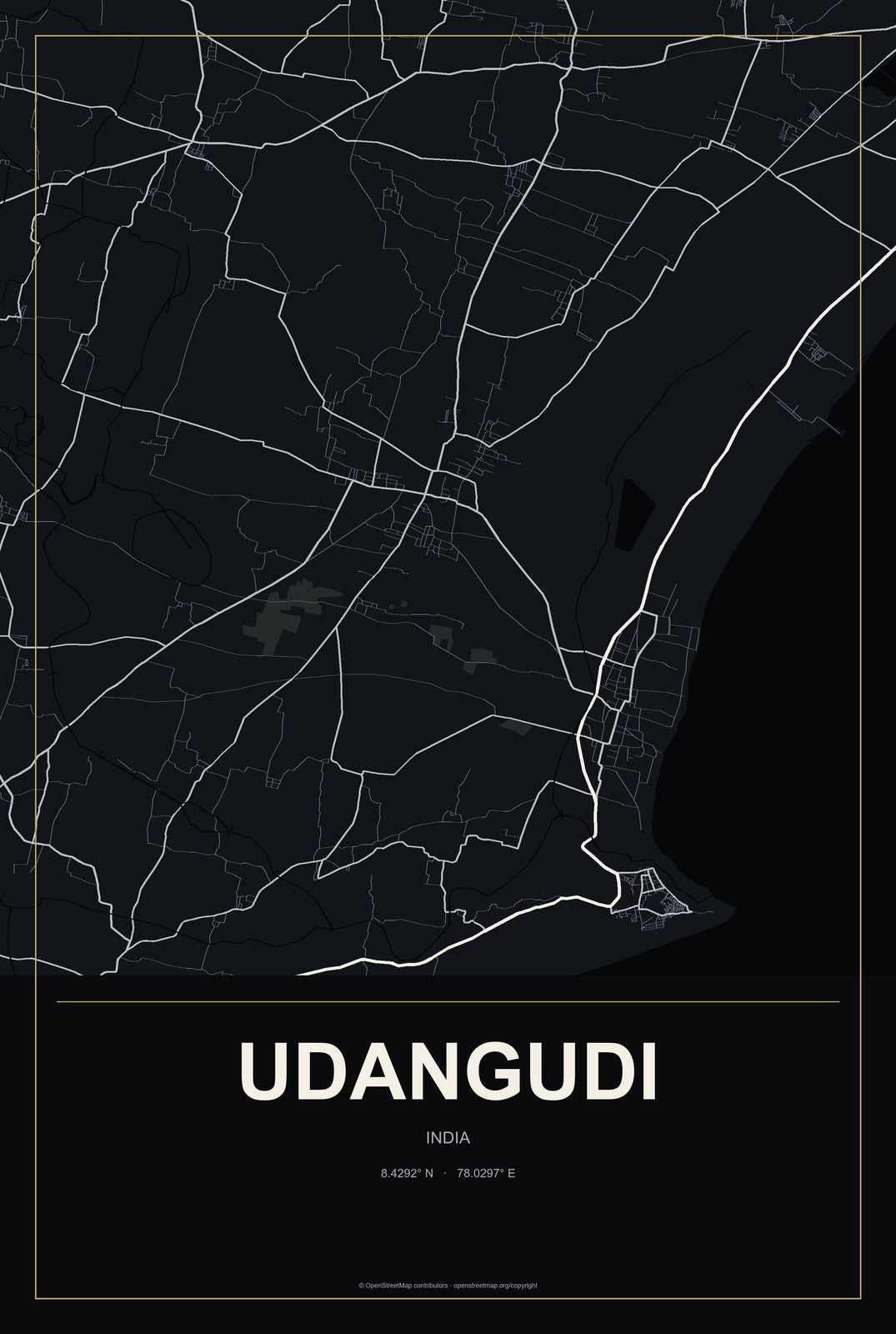 Udangudi, India City Map Aluminum Sign in Metropolitan Noir style