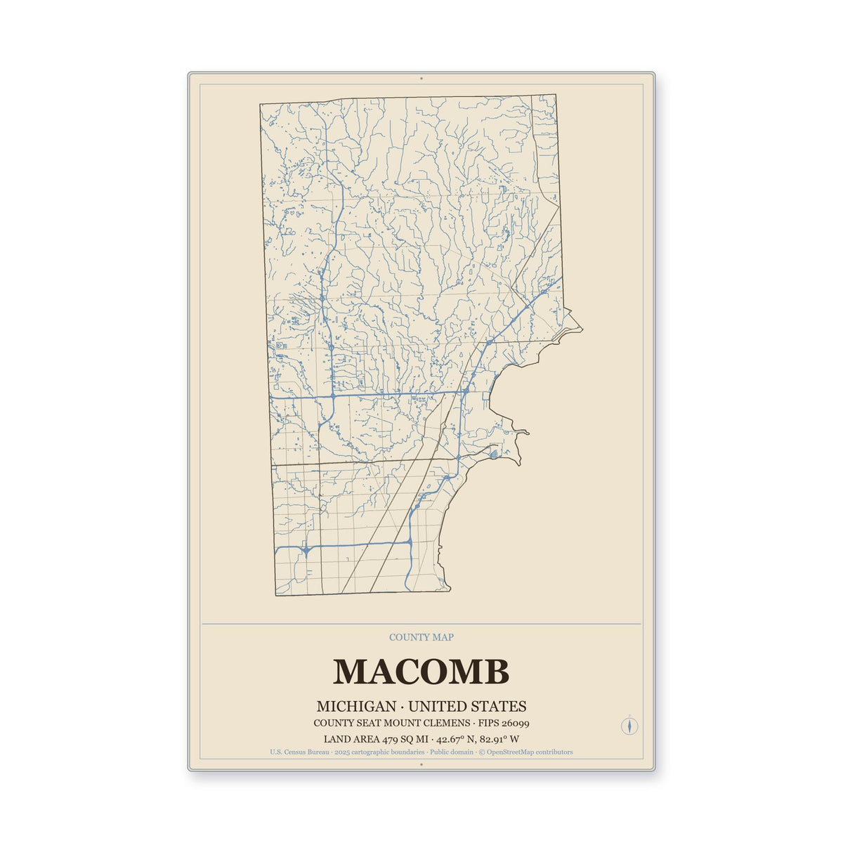 Macomb County, Michigan Map Aluminum Sign in Heritage Nautical style