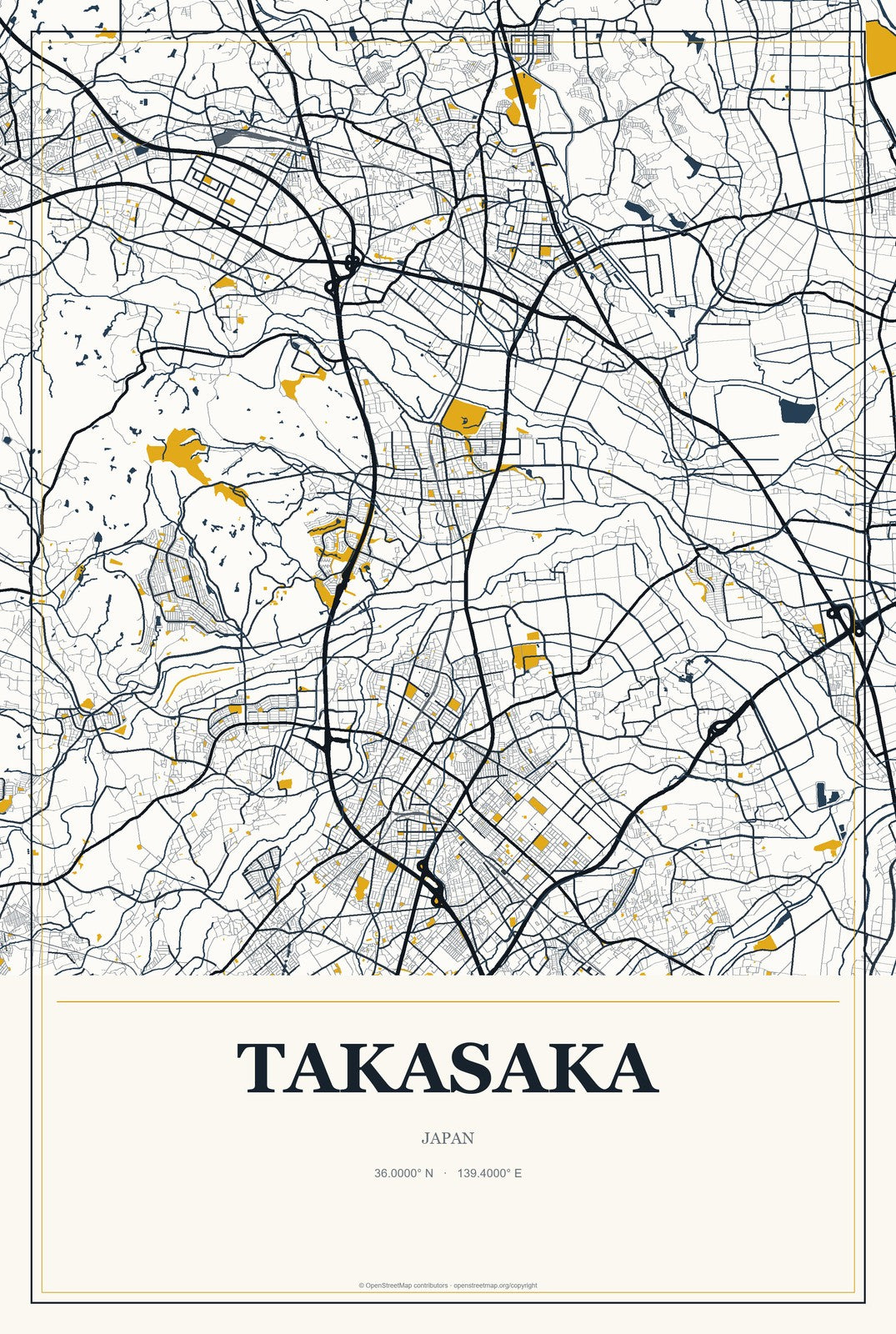 Takasaka, Japan City Map Aluminum Sign in Citrine Modern style