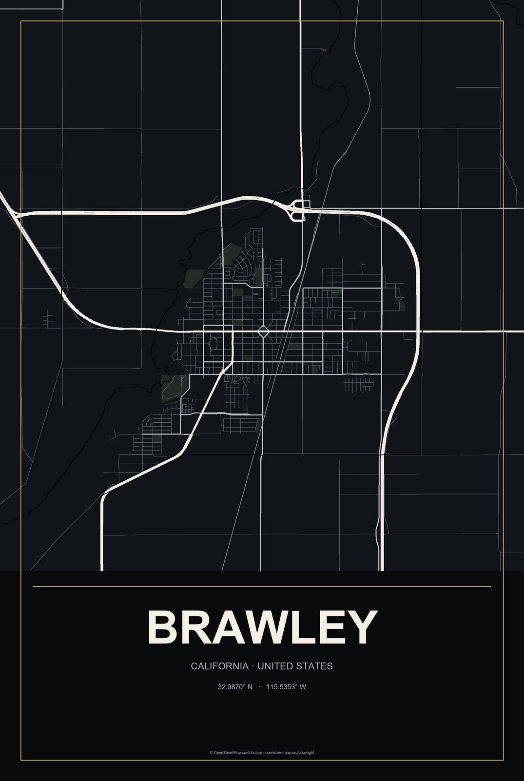 Brawley, California City Map Aluminum Sign in Metropolitan Noir style