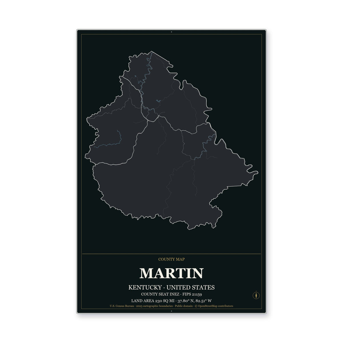 Martin County, Kentucky Map Aluminum Sign in Metropolitan Noir style