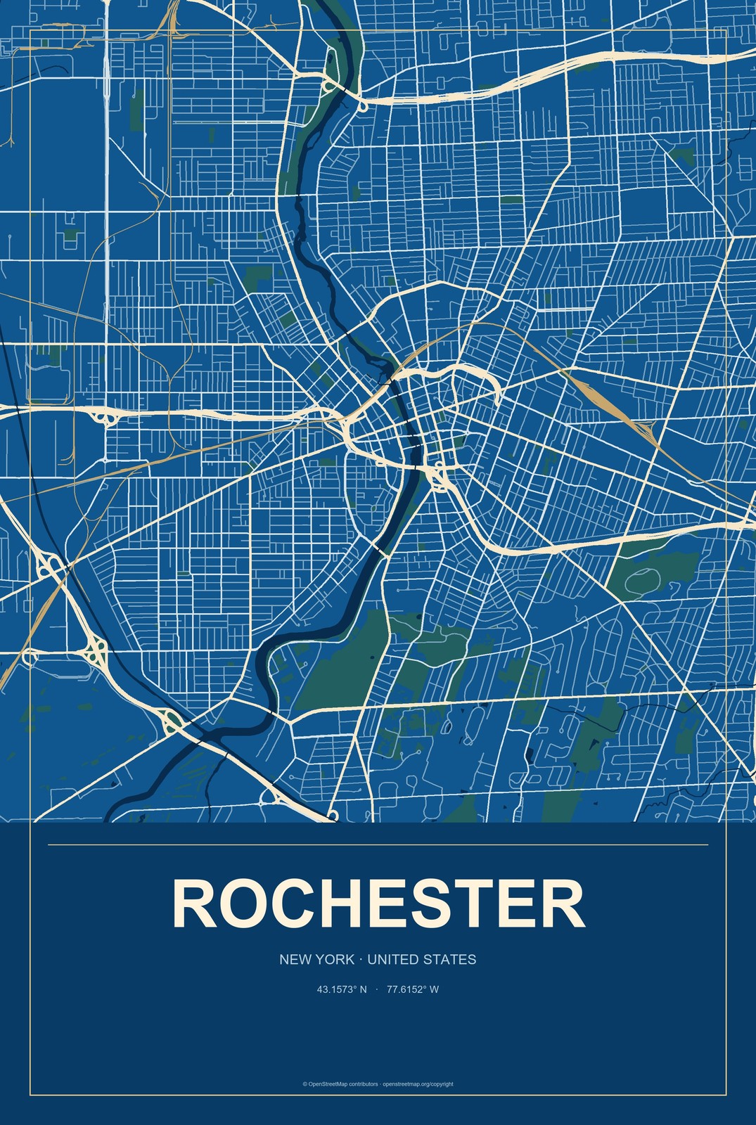 Rochester, New York City Map Aluminum Sign in Harbor Cobalt style