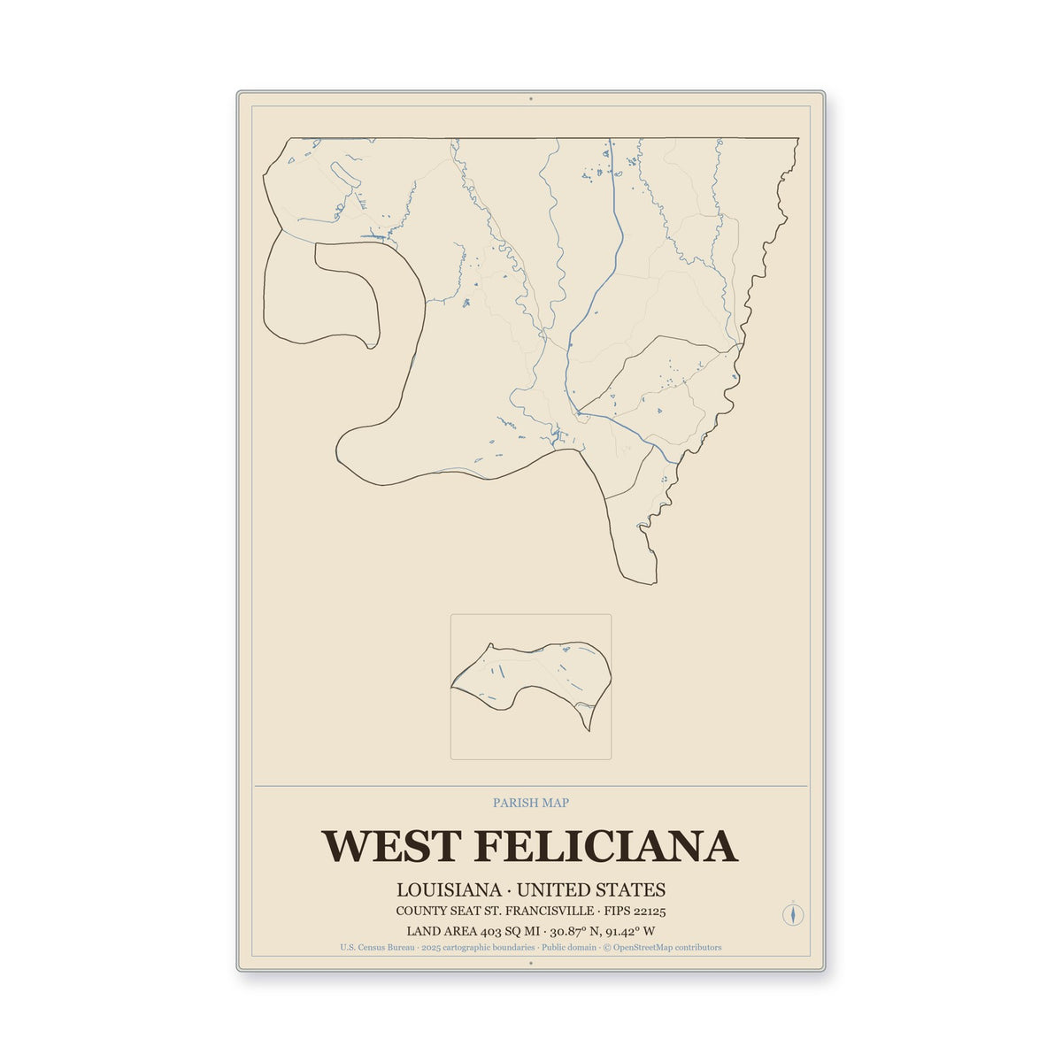 West Feliciana Parish, Louisiana Map Aluminum Sign in Heritage Nautical style