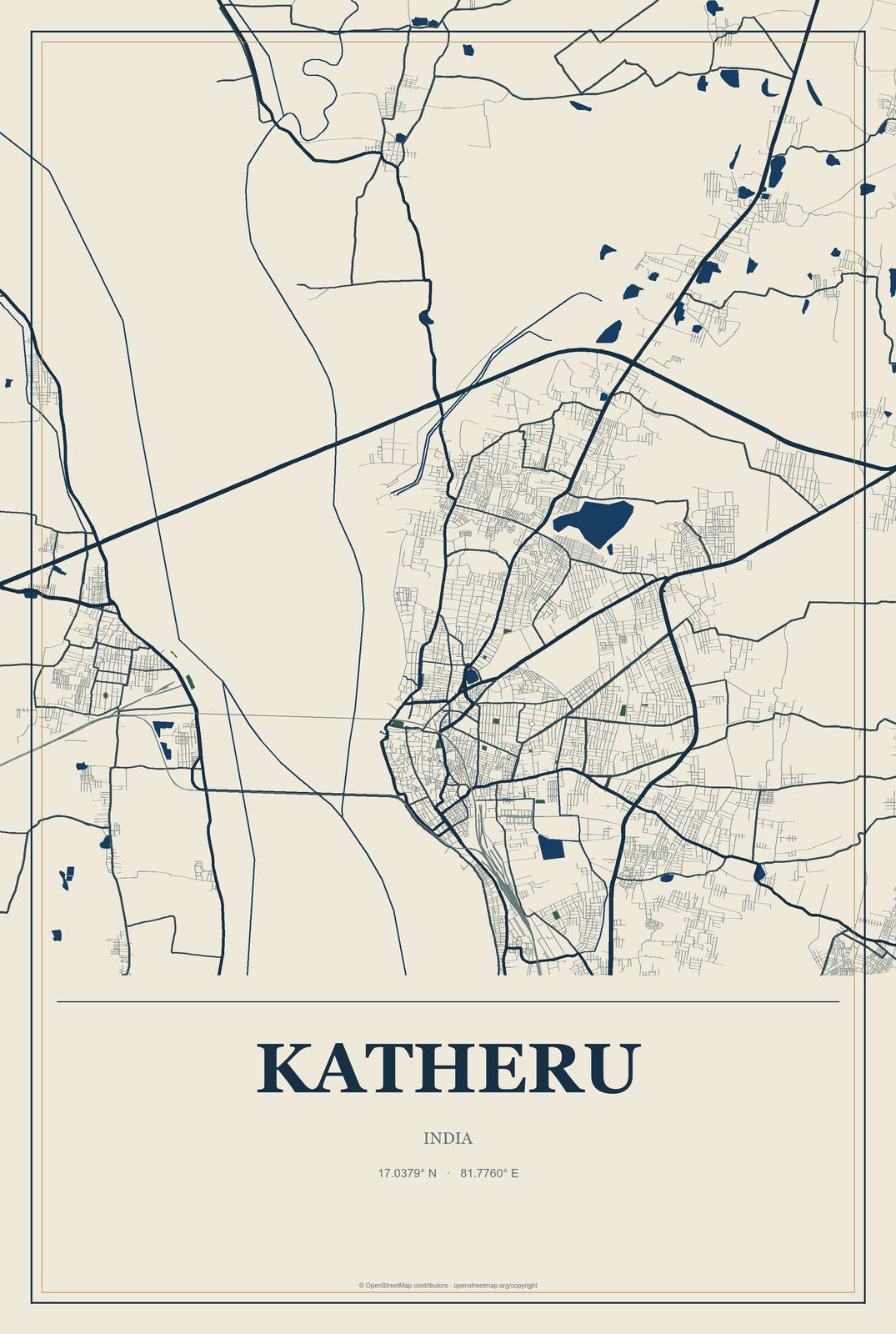 Katheru, India City Map Aluminum Sign in Coastal Cutout style