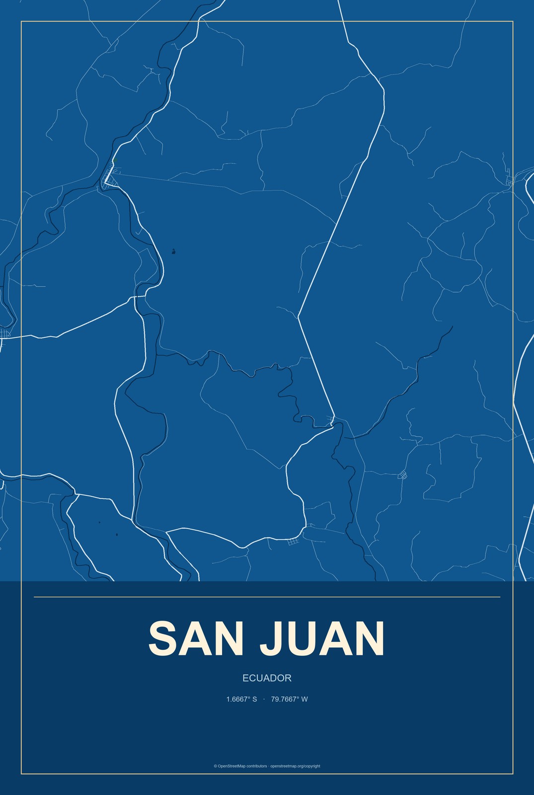 San Juan, Ecuador City Map Aluminum Sign in Harbor Cobalt style