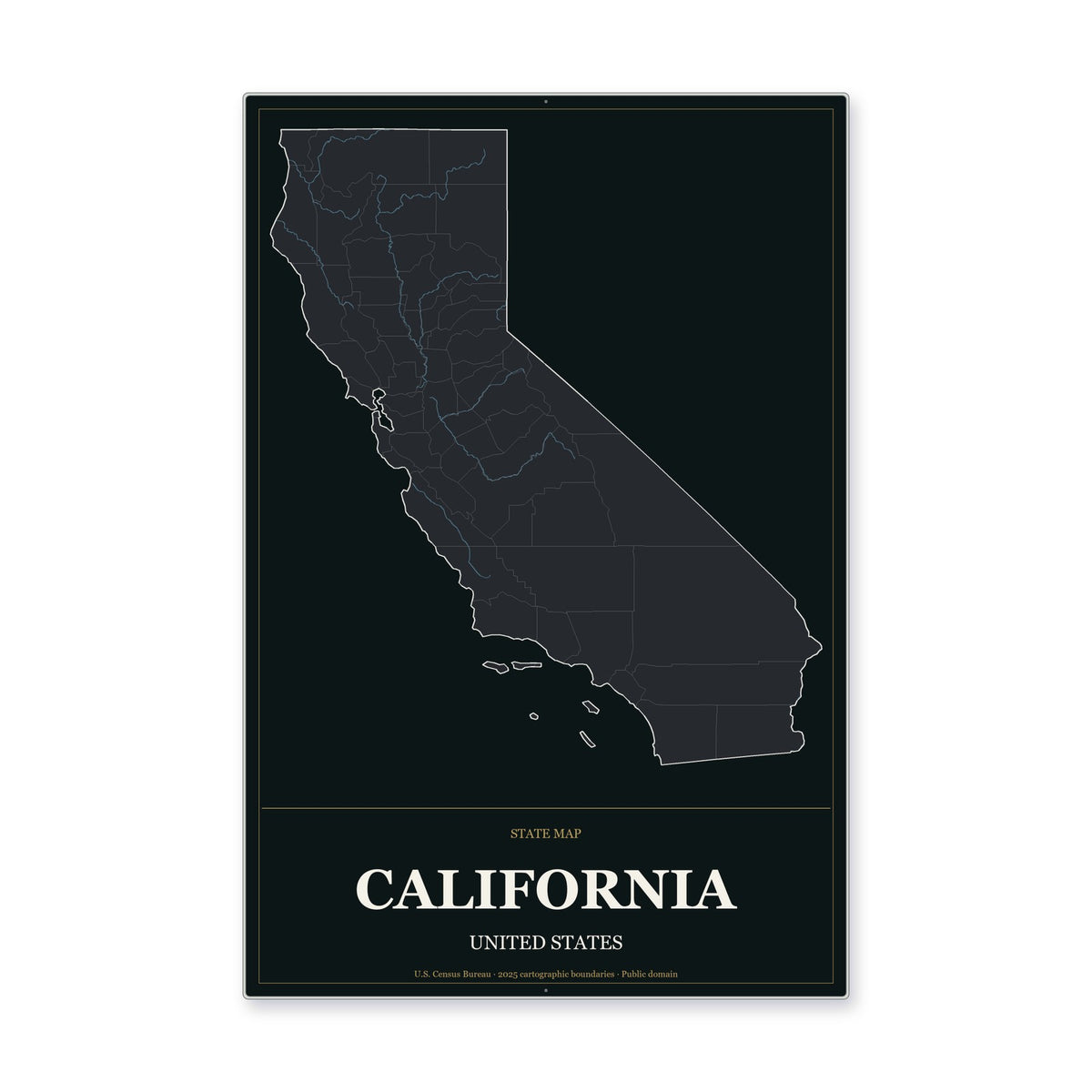 California state map aluminum sign in Metropolitan Noir style