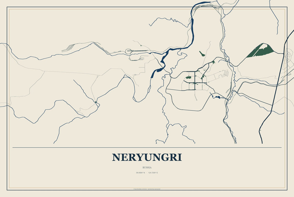 Neryungri, Russia City Map Aluminum Sign in Coastal Cutout style