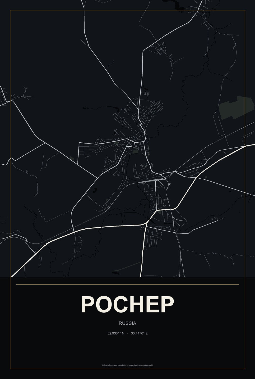 Pochep, Russia City Map Aluminum Sign in Metropolitan Noir style