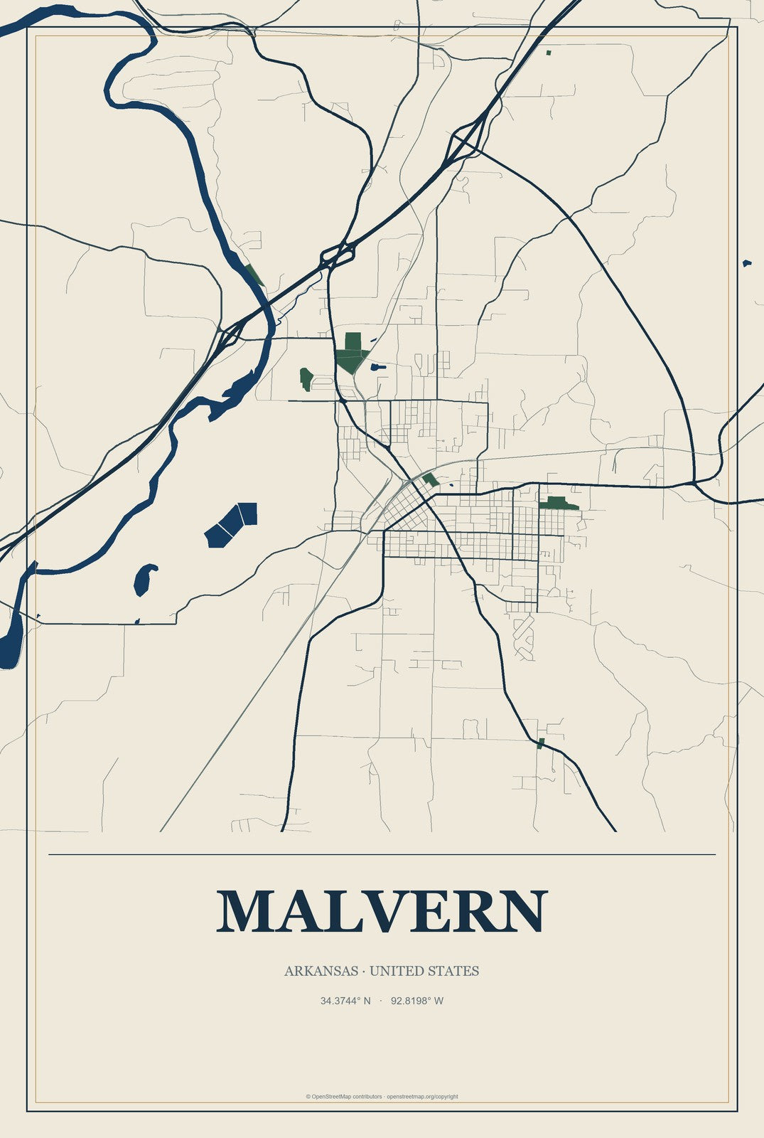 Malvern, Arkansas City Map Aluminum Sign in Coastal Cutout style