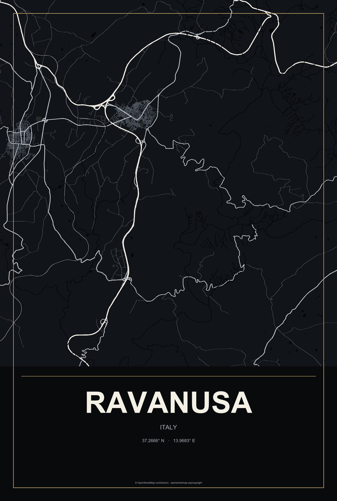Ravanusa, Italy City Map Aluminum Sign in Metropolitan Noir style