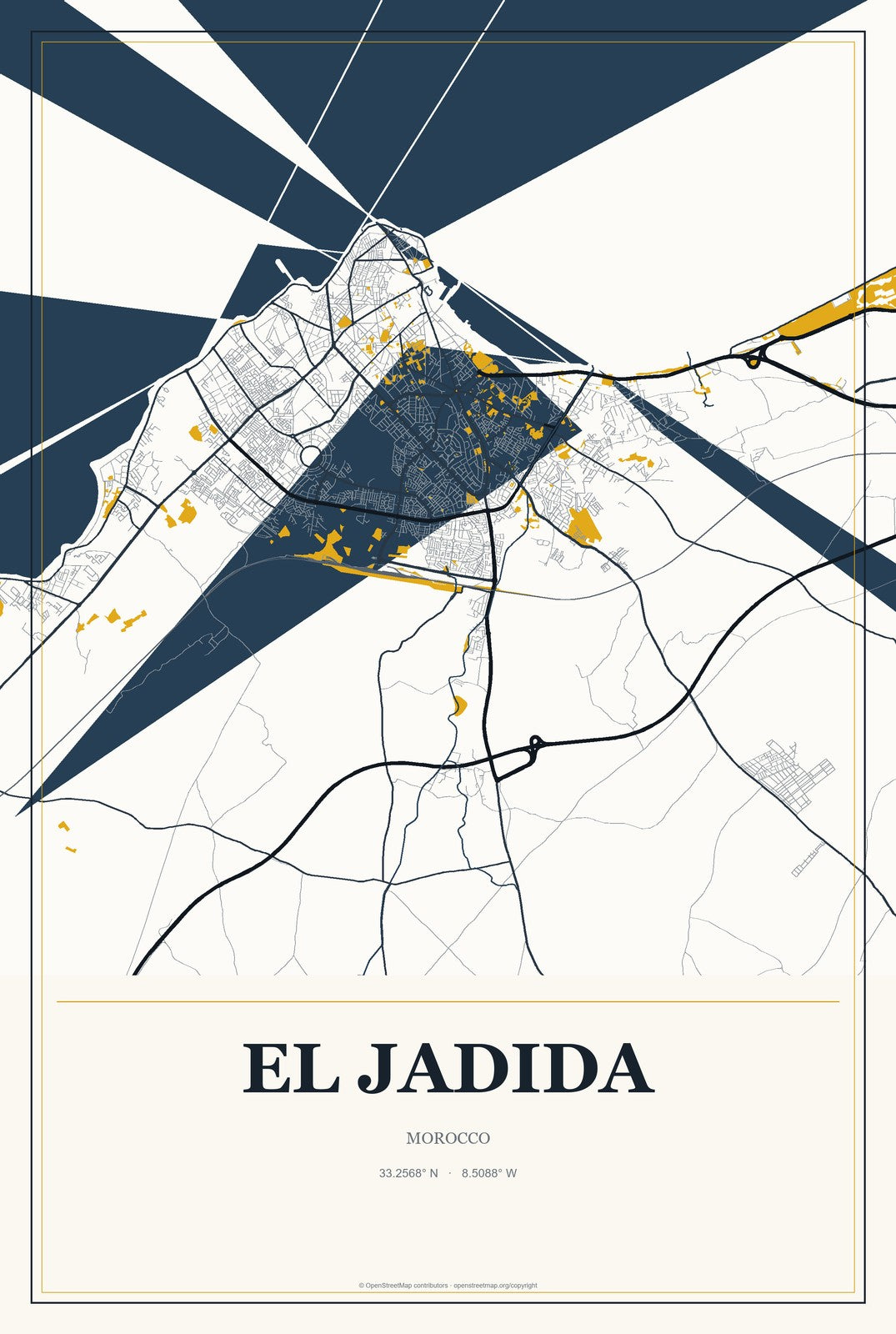 El Jadida, Morocco City Map Aluminum Sign in Citrine Modern style