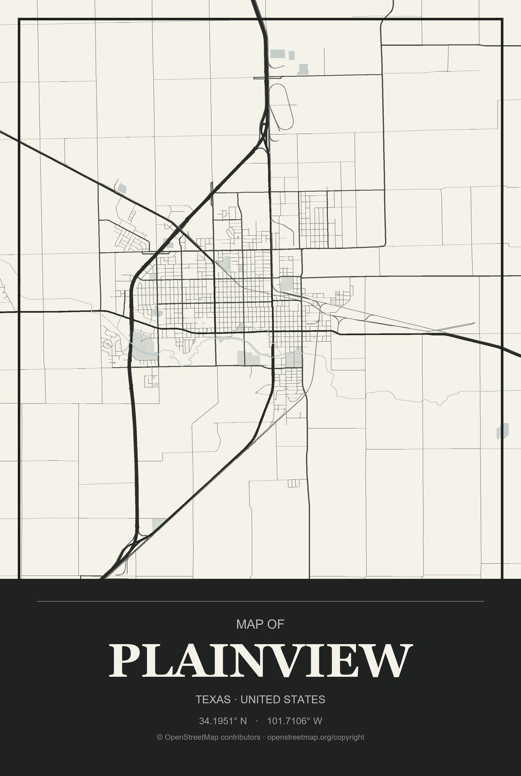 Plainview, Texas City Map Aluminum Sign in Museum Plaque style