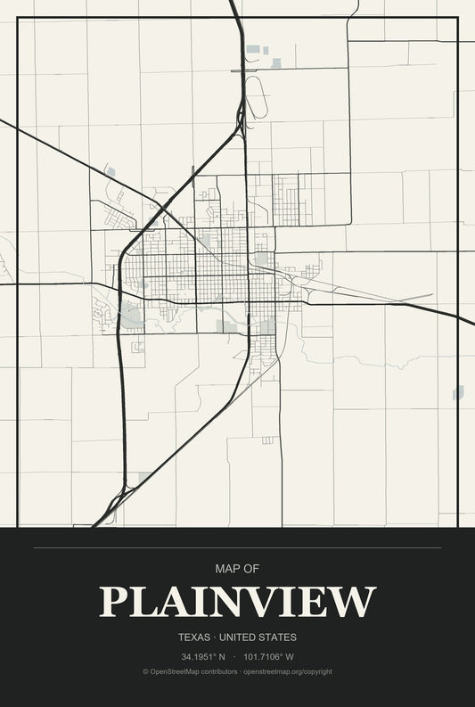 Plainview, Texas City Map Aluminum Sign in Museum Plaque style