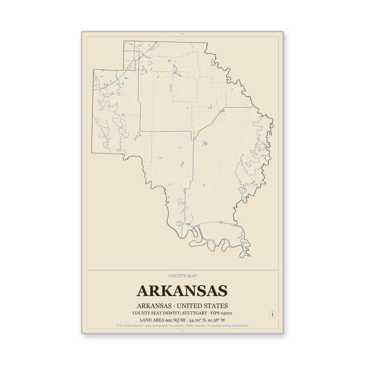 Arkansas County, Arkansas Map Aluminum Sign in Heritage Nautical style