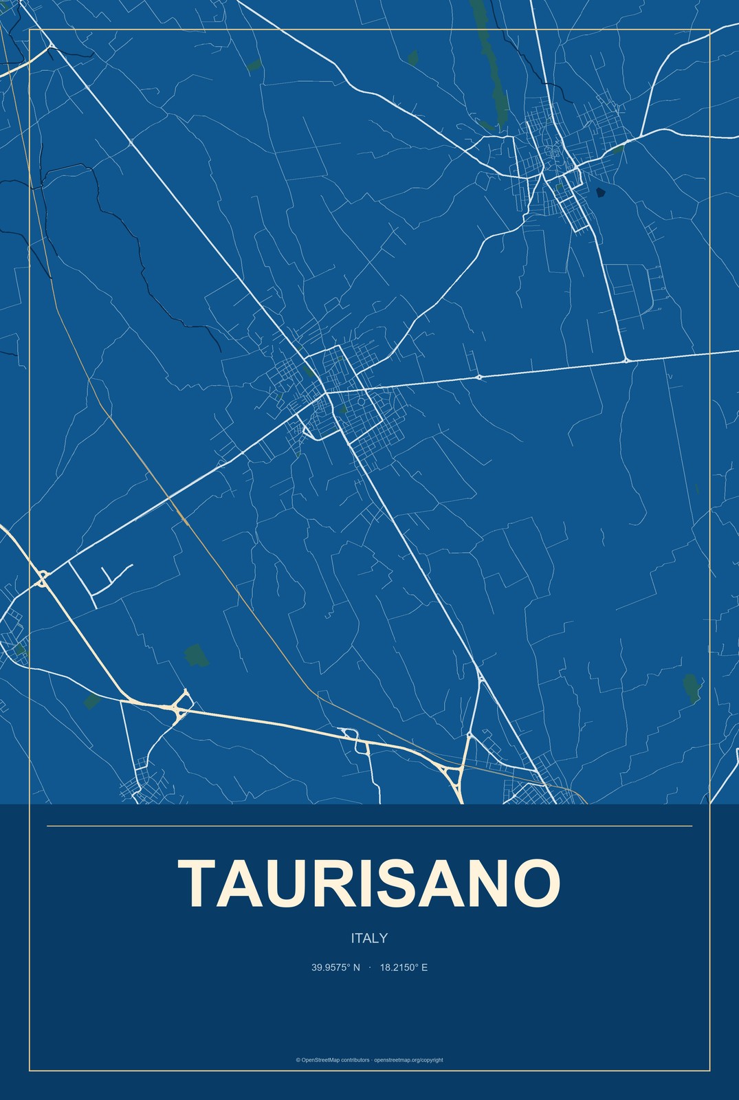 Taurisano, Italy City Map Aluminum Sign in Harbor Cobalt style
