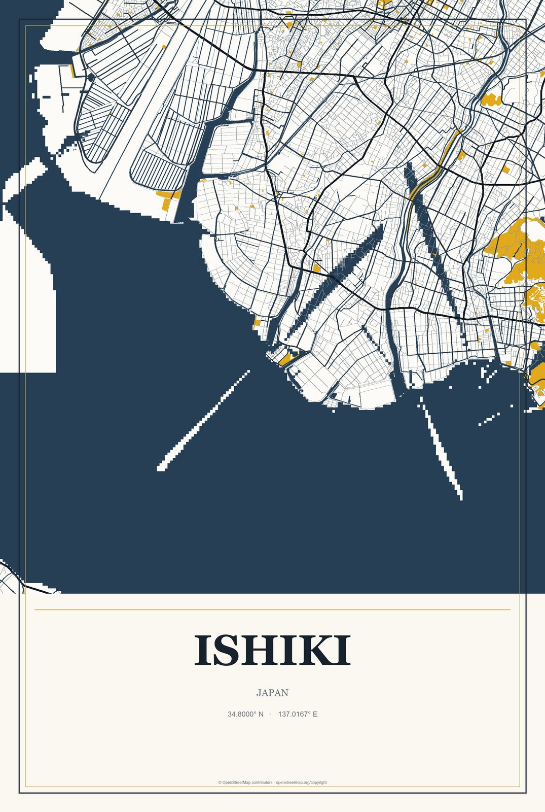 Ishiki, Japan City Map Aluminum Sign in Citrine Modern style