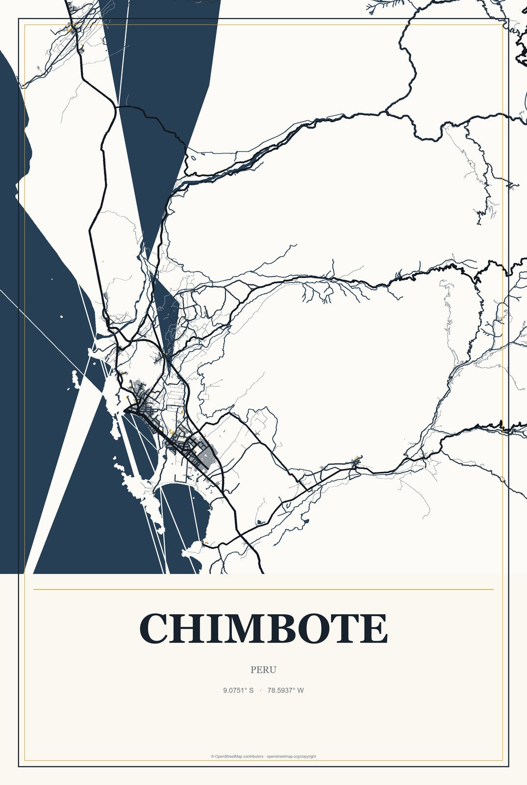Chimbote, Peru City Map Aluminum Sign in Citrine Modern style
