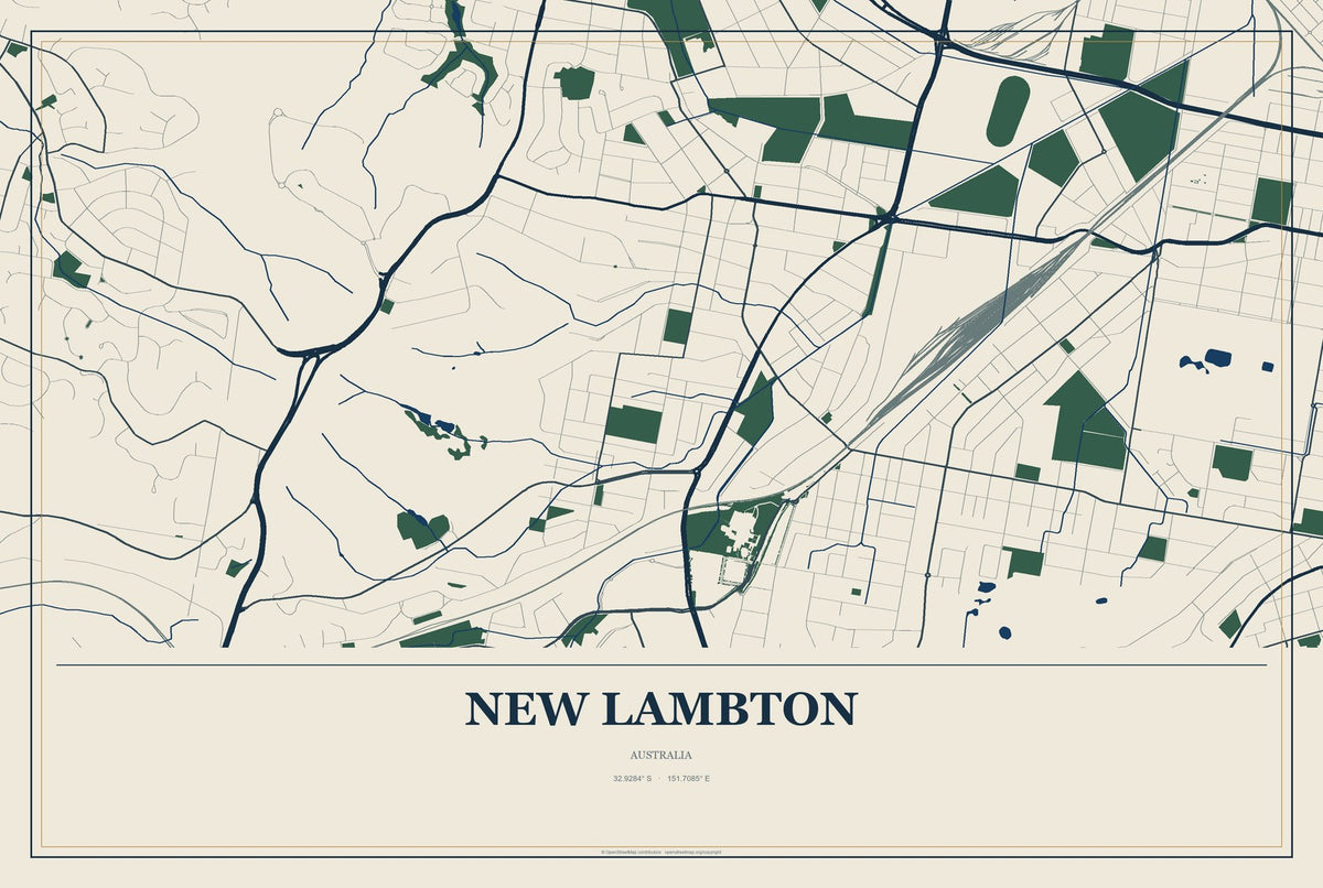 New Lambton, Australia City Map Aluminum Sign in Coastal Cutout style