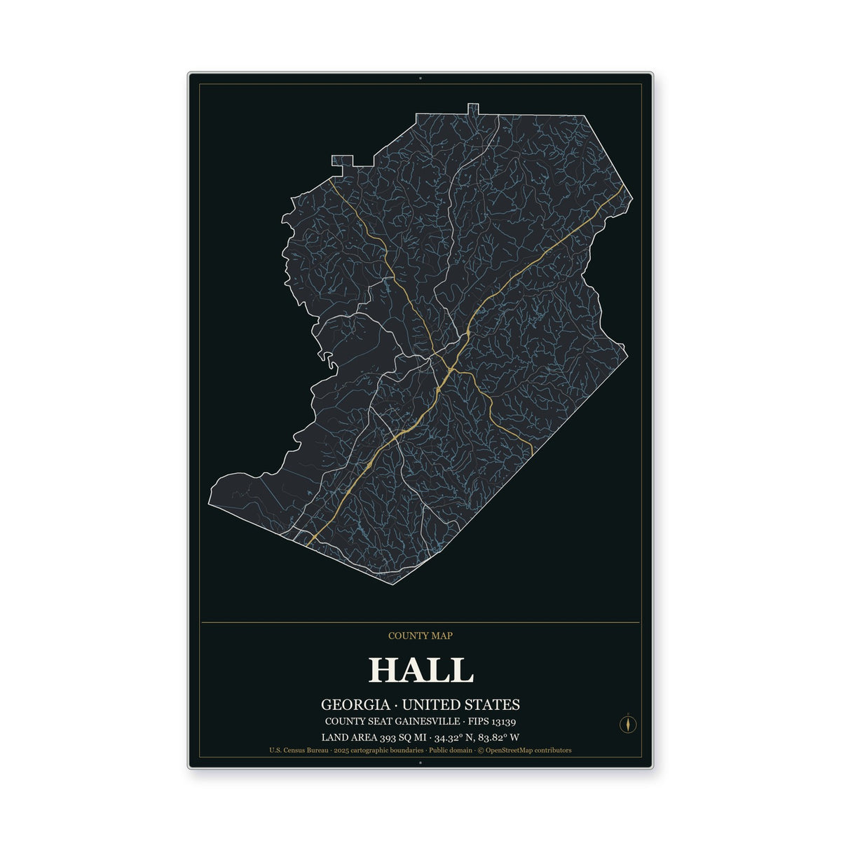 Hall County, Georgia Map Aluminum Sign in Metropolitan Noir style