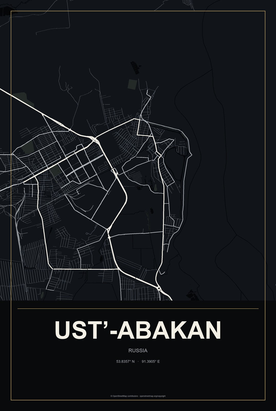 Ust’-Abakan, Russia City Map Aluminum Sign in Metropolitan Noir style