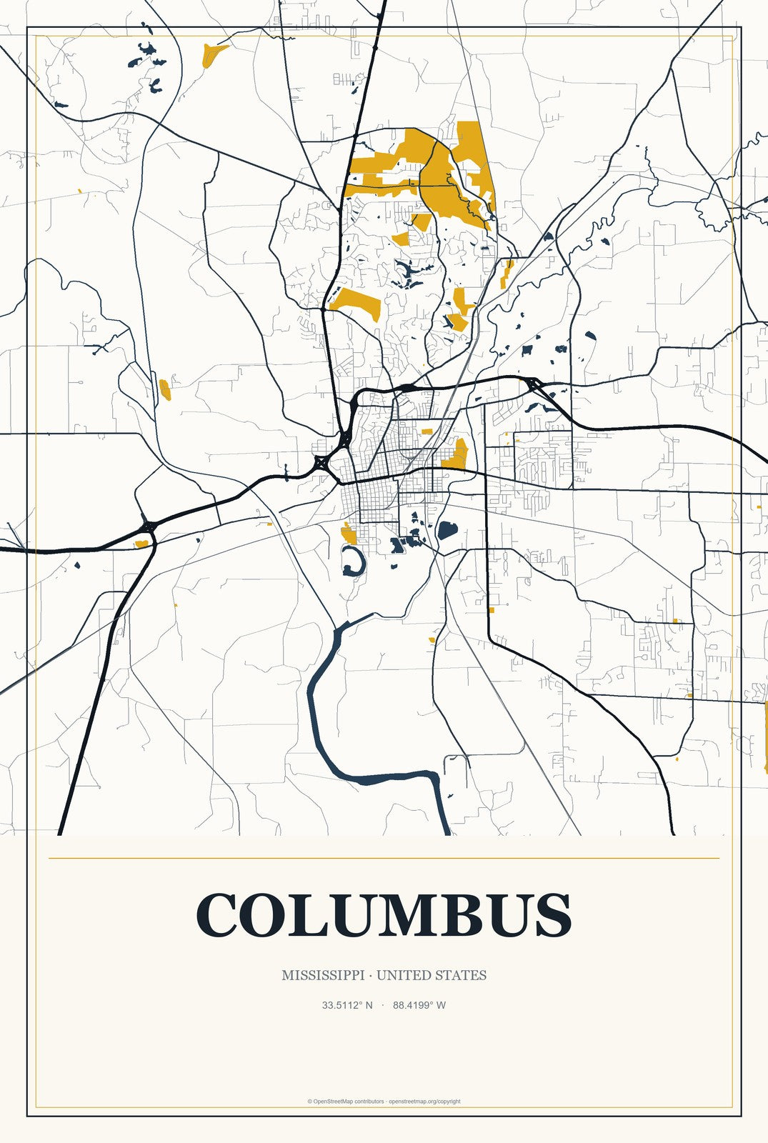 Columbus, Mississippi City Map Aluminum Sign in Citrine Modern style