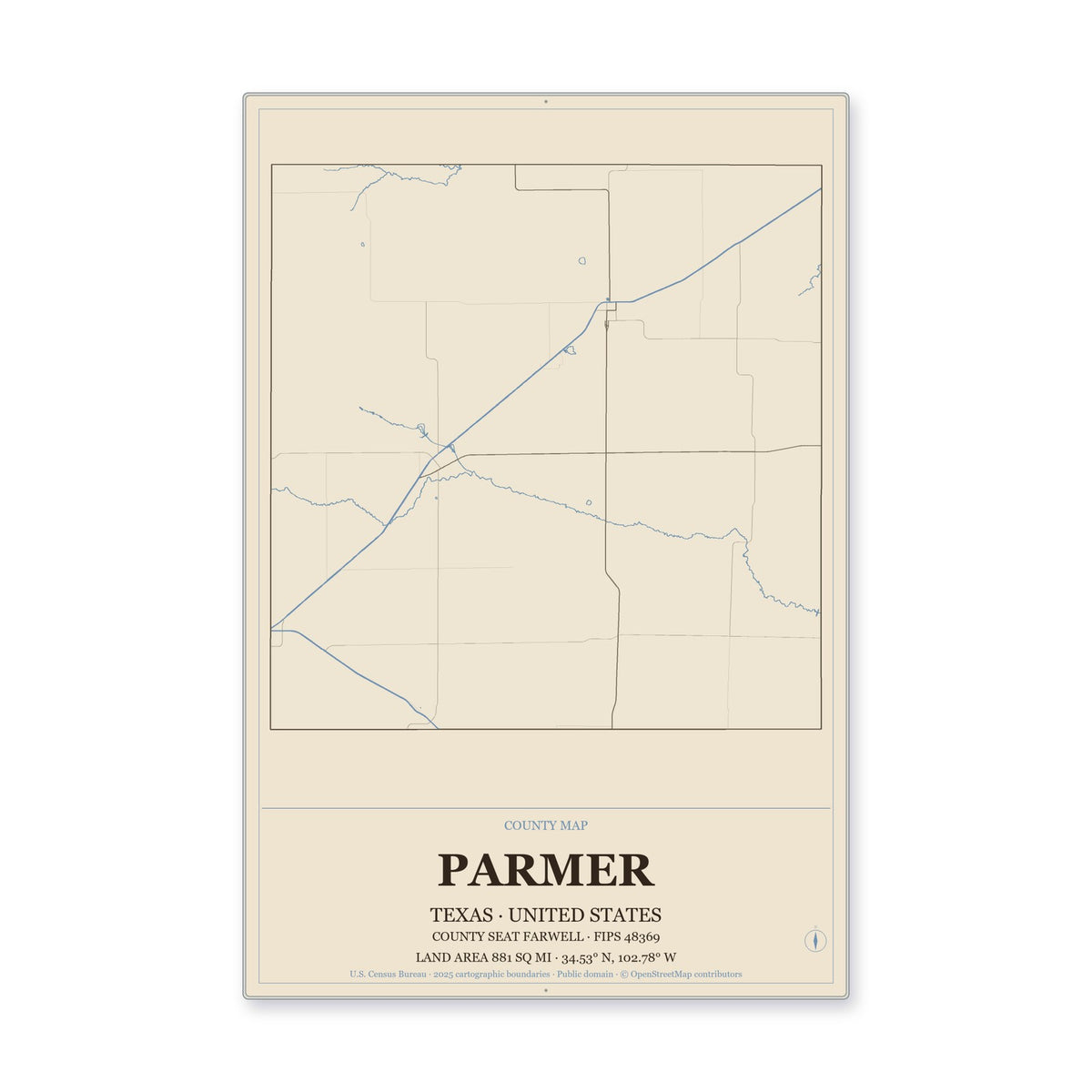 Parmer County, Texas Map Aluminum Sign in Heritage Nautical style