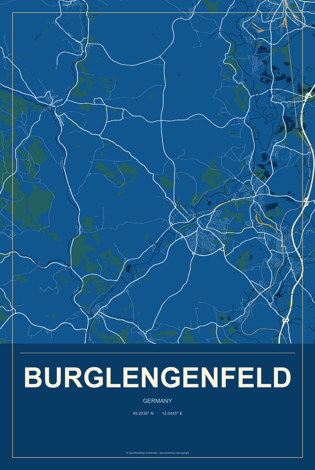 Burglengenfeld, Germany City Map Aluminum Sign in Harbor Cobalt style