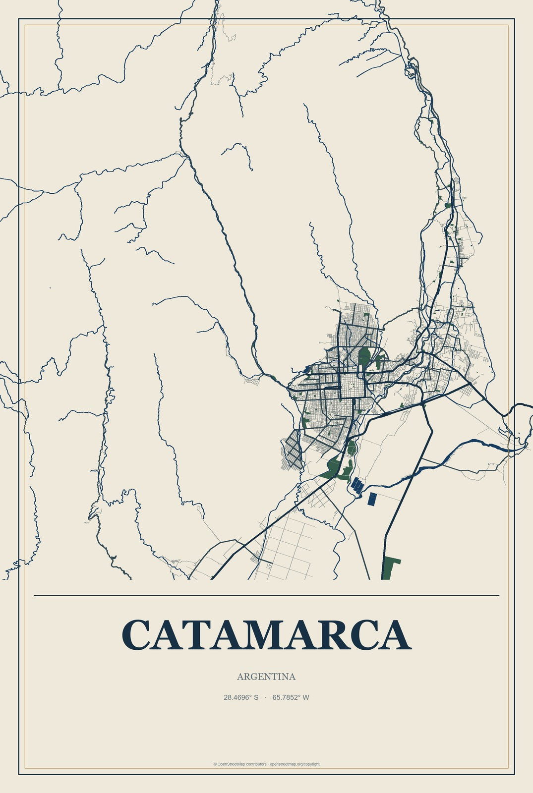 Catamarca, Argentina City Map Aluminum Sign in Coastal Cutout style