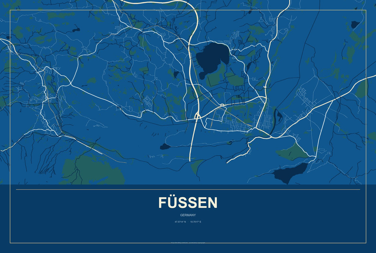Füssen, Germany City Map Aluminum Sign in Harbor Cobalt style