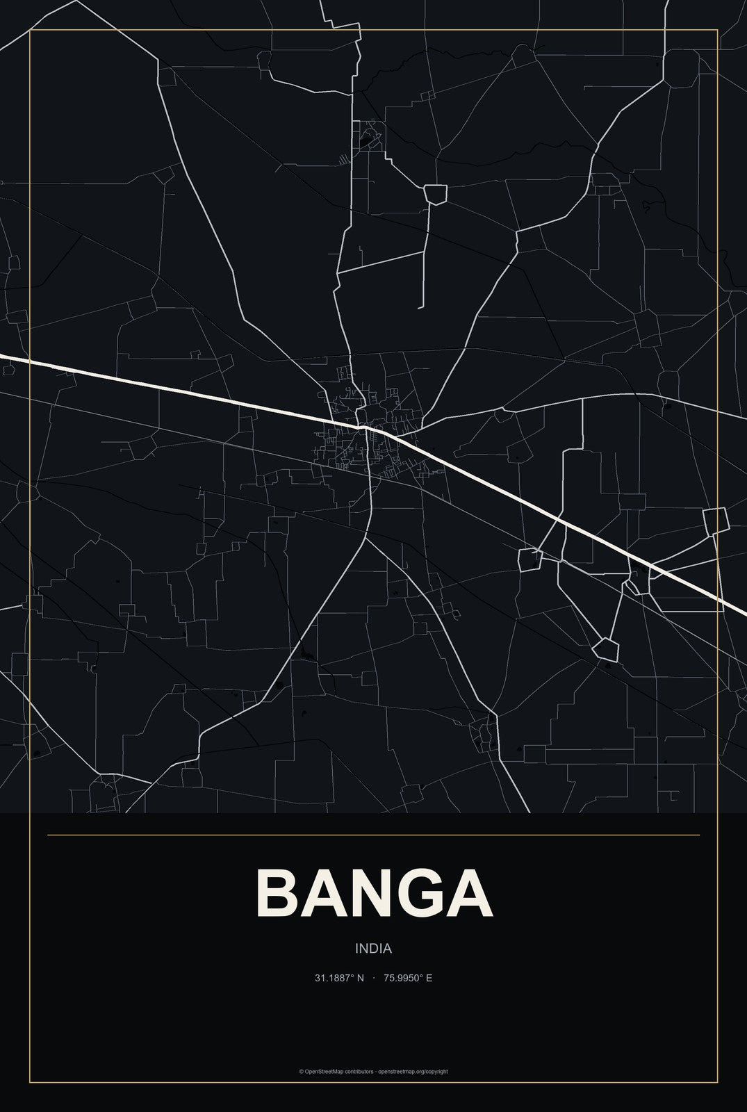Banga, India City Map Aluminum Sign in Metropolitan Noir style