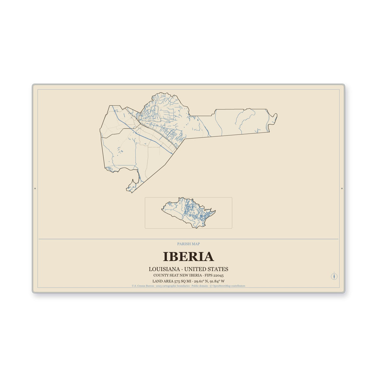 Iberia Parish, Louisiana Map Aluminum Sign in Heritage Nautical style