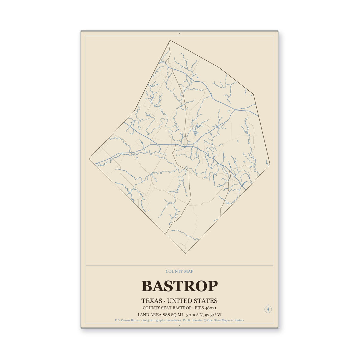 Bastrop County, Texas Map Aluminum Sign in Heritage Nautical style